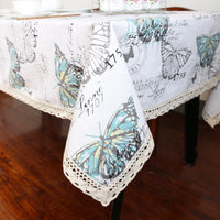 Vintage Butterfly Print Cotton Linen Tablecloth w/ Lace