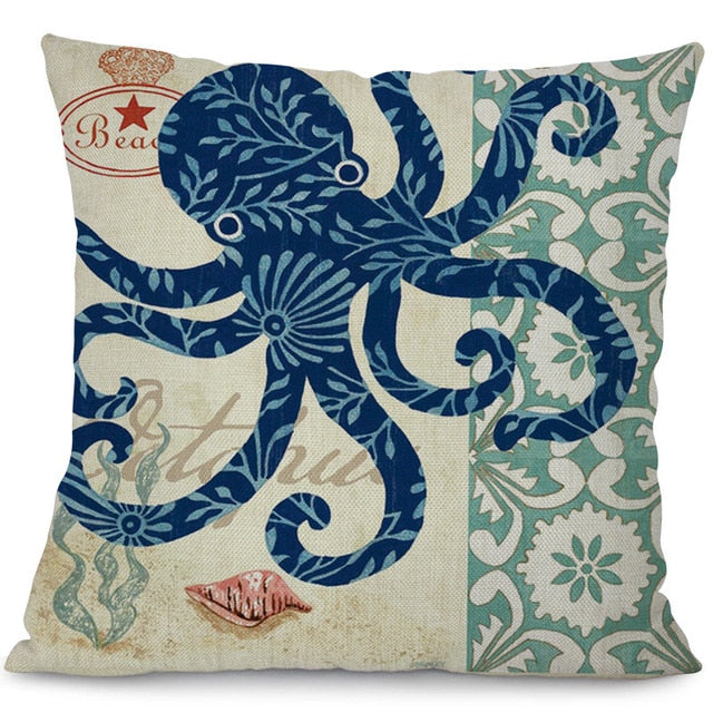 18" Blue Marine Nautical Sea Creature Throw Pillow Cover