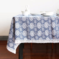 Blue Floral Medallion Pattern Cotton Linen Tablecloth w/ Lace