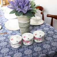 Blue Floral Medallion Pattern Cotton Linen Tablecloth w/ Lace