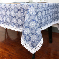 Blue Floral Medallion Pattern Cotton Linen Tablecloth w/ Lace