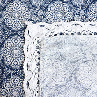 Blue Floral Medallion Pattern Cotton Linen Tablecloth w/ Lace