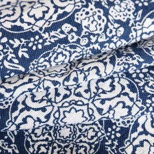 Blue Floral Medallion Pattern Cotton Linen Tablecloth w/ Lace