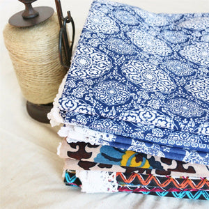 Blue Floral Medallion Pattern Cotton Linen Tablecloth w/ Lace