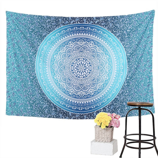 Blue Bohemian Mandala Pattern Wall Tapestry