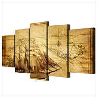 5-Piece Vintage Nautical Sailing Ship Map Canvas Wall Art