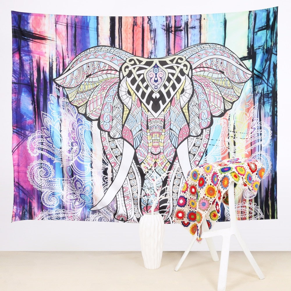 Rainbow Mandala Pattern Elephant Wall Tapestry