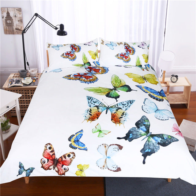 White 2/3-Piece Colorful Flying Butterflies Duvet Cover Set