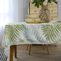 Blue / Green Palm Leaf Pattern Tablecloth w/ Lace