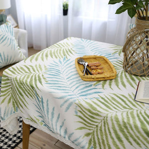 Blue / Green Palm Leaf Pattern Tablecloth w/ Lace