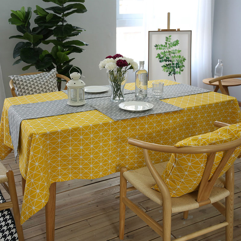Yellow Geometric Triangle Pattern Cotton Linen Tablecloth