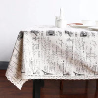 Black & White Vintage Writing Cotton Linen Tablecloth w/ Lace