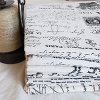 Black & White Vintage Writing Cotton Linen Tablecloth w/ Lace