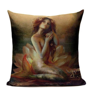18" Nautical Vintage Mermaid Print Throw Pillow Cover