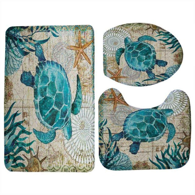 3-Piece Mediterranean Sea Life Bathroom Mat Set