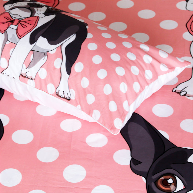 Pink 3-Piece Polka Dot Puppy Dog Duvet Cover Set