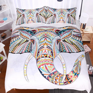 White 3-Piece Colorful Bohemian Elephant Duvet Cover Set
