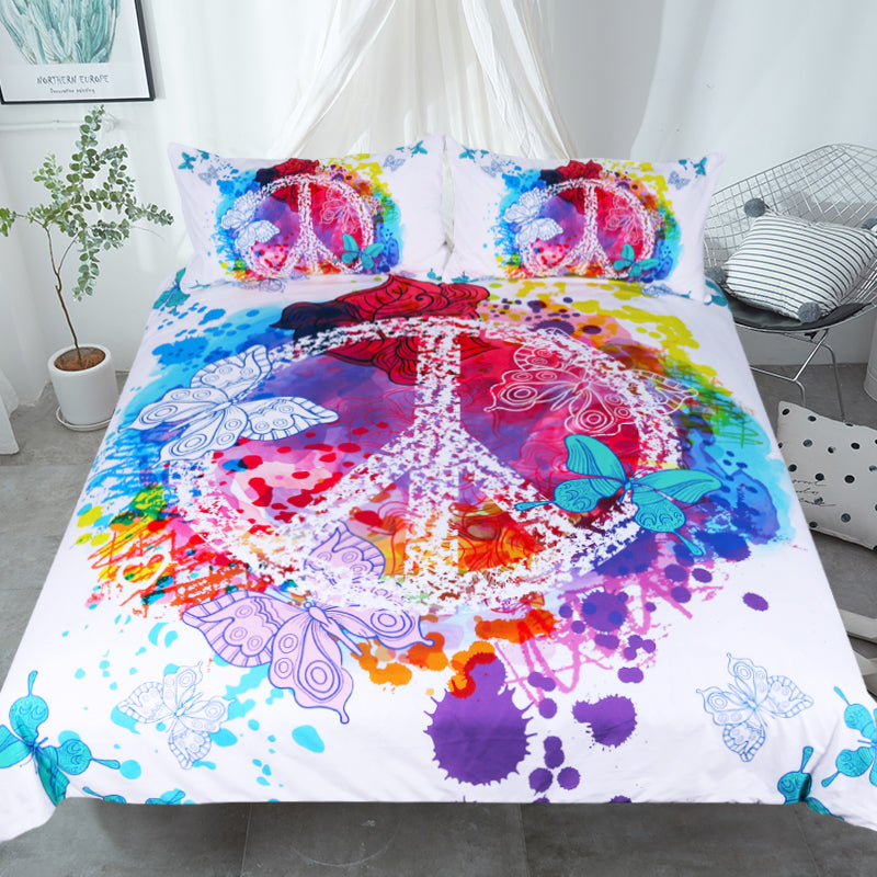 3-Piece Rainbow Hippie Peace Sign Duvet Cover Set
