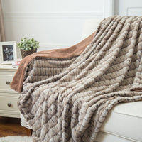 Brown Carved Fleece Faux Rabbit Fur Throw Blanket