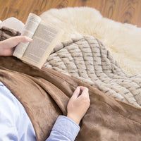 Brown Carved Fleece Faux Rabbit Fur Throw Blanket