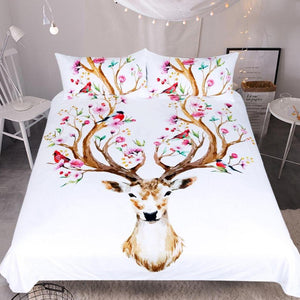 White 3-Piece Floral Elk Antler Duvet Cover Bedding Set