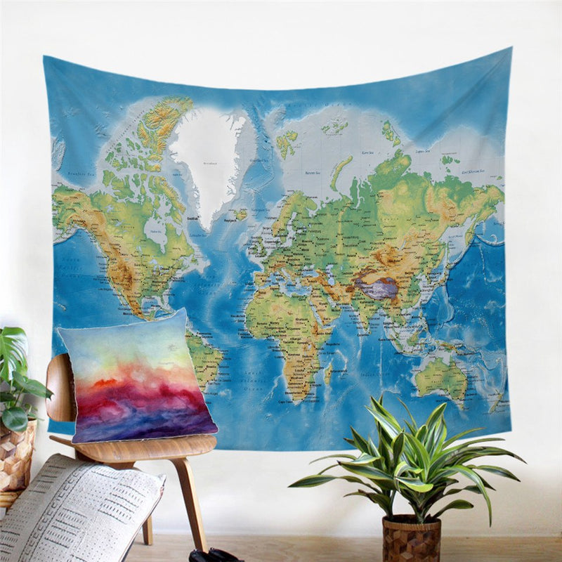 Blue Classic World Map Wall Tapestry