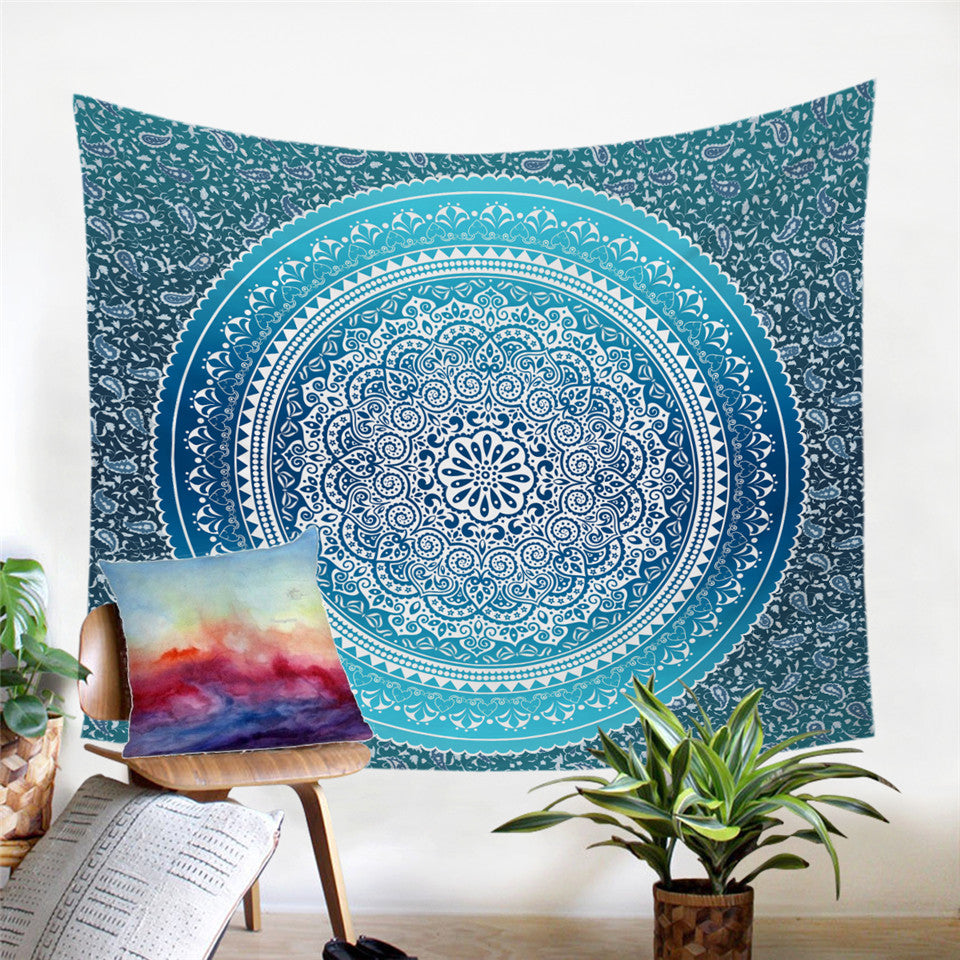 Blue Bohemian Mandala Pattern Wall Tapestry
