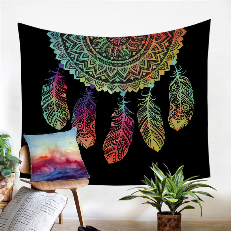 Black Bohemian Rainbow Dreamcatcher Wall Tapestry