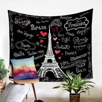 Black Paris Eiffel Tower Doodle Print Wall Tapestry