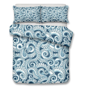 ** US Queen 3-Piece Blue Octopus Pattern Duvet Cover Bedding Set