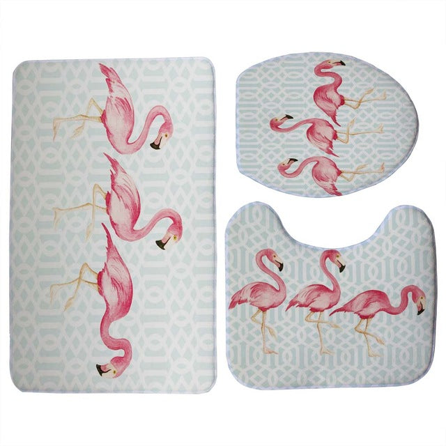 White 3-Piece Pink Flamingo Print Bathroom Mat Set
