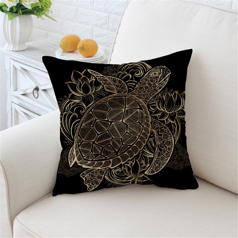 Black Patterned Gold Sea Turtle Microfiber Pillow Cover
