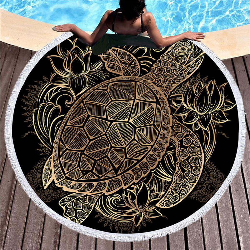 Round Gold Patterned Sea Turtle Beach Towel