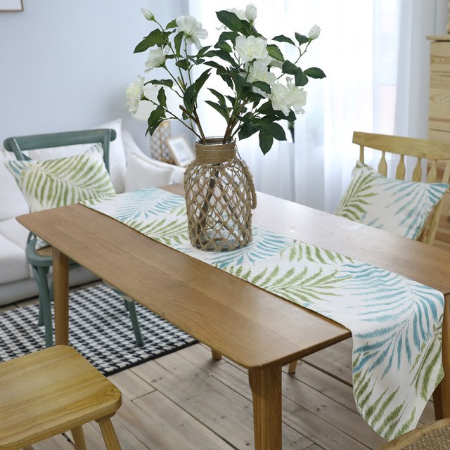 Blue / Green Palm Leaf Pattern Cotton Linen Table Runner