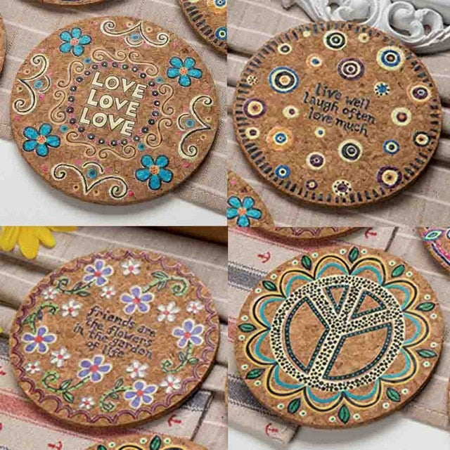 4-Piece Hippie Bohemian Pattern Cork Drink Coaster Set