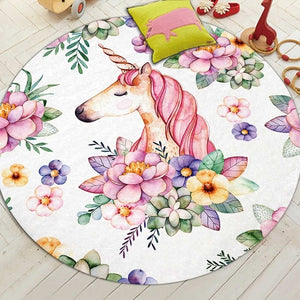 Round Pink Floral Unicorn Print Floor Mat Rug