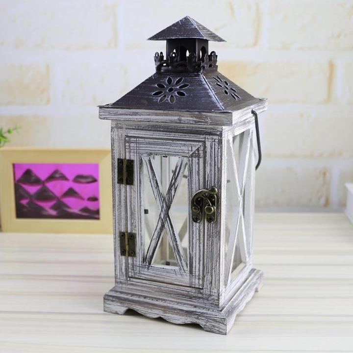 White Vintage Distressed Wood Lantern / Candle Holder