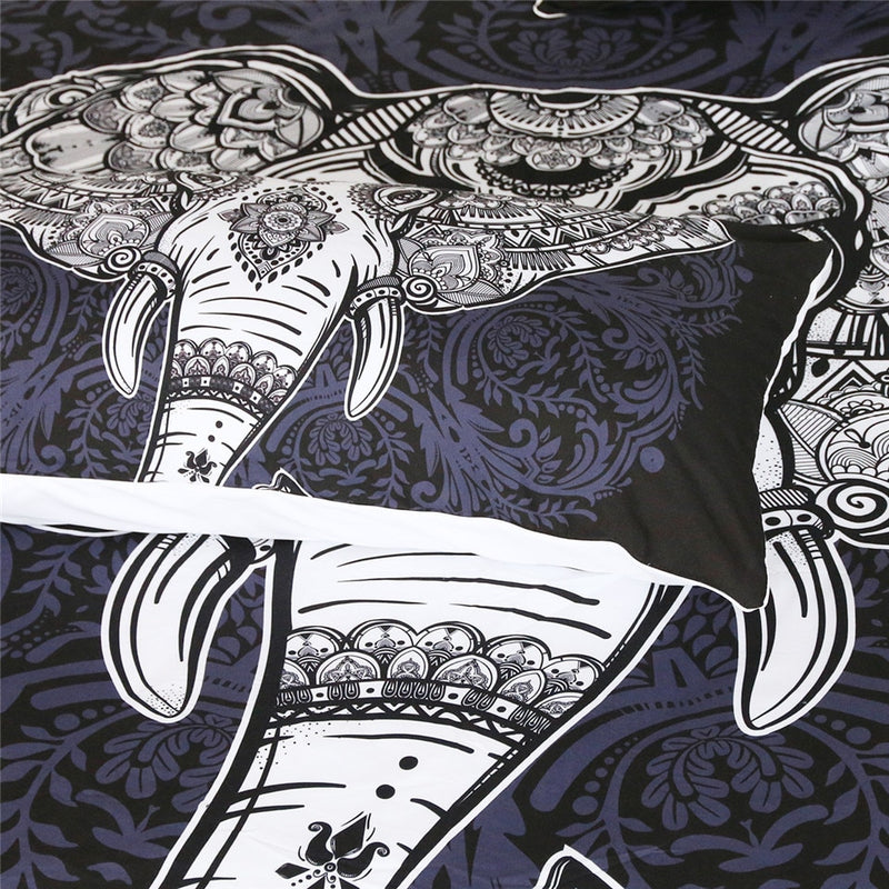 Black & White 3-Piece Bohemian Elephant Duvet Cover Set