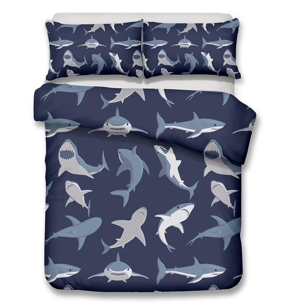 Navy 2/3-Piece Kids Shark Print Duvet Cover Bedding Set