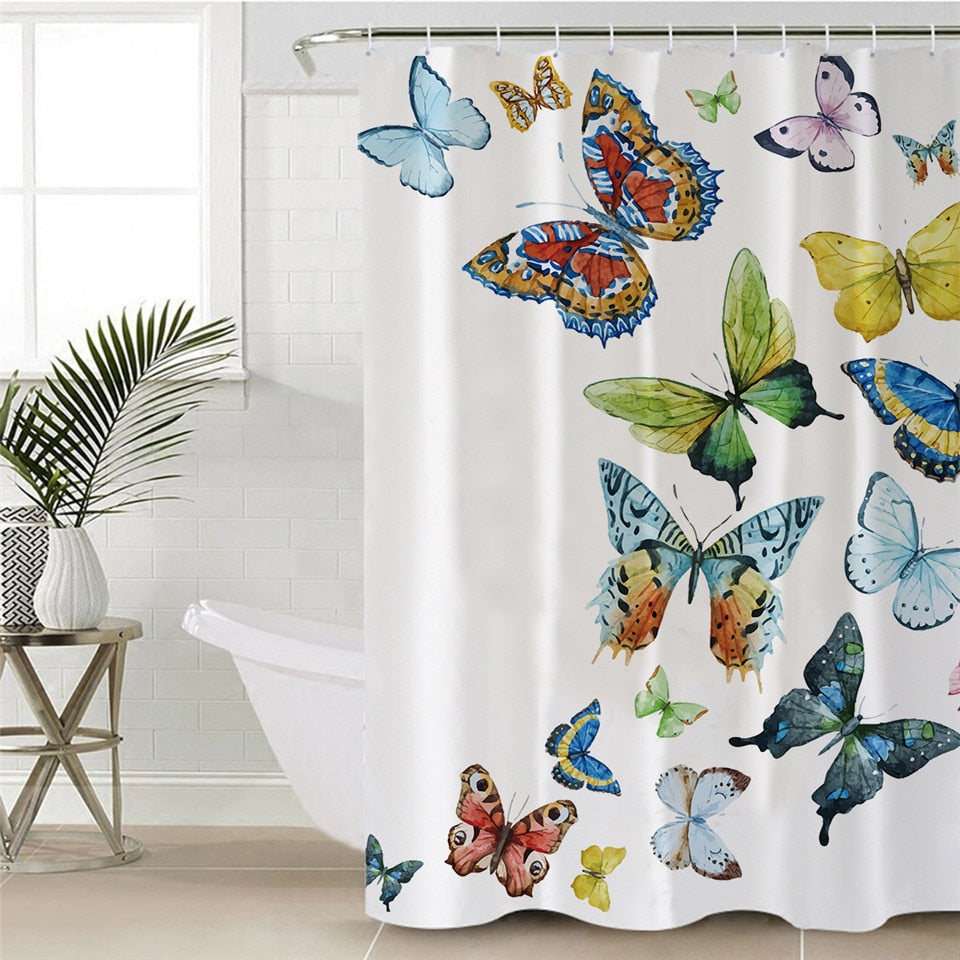 White Colorful Flying Butterflies Bathroom Shower Curtain