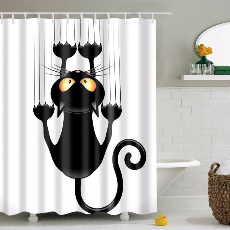 White Scratching Cartoon Cat Bathroom Shower Curtain
