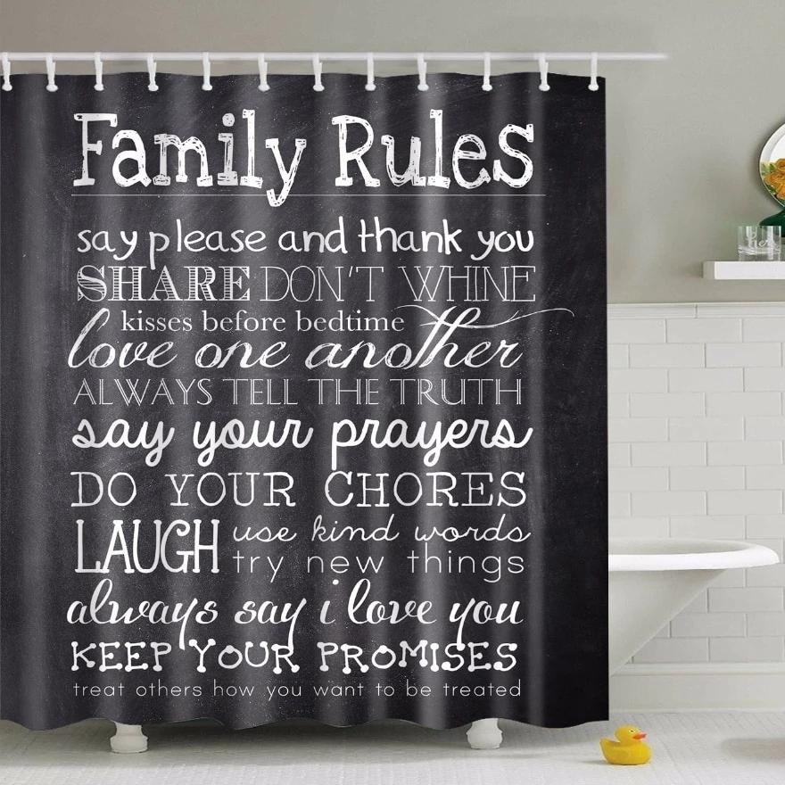Black Polyester Family Rules Print Shower Curtain