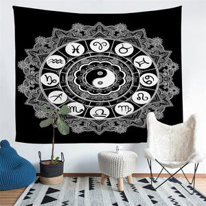 Black & White Yin-Yang Zodiac Chart Wall Tapestry
