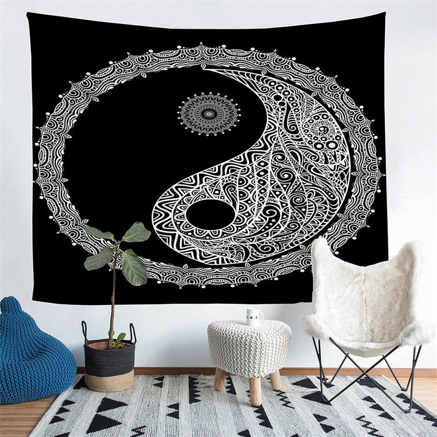 Black & White Bohemian Yin-Yang Wall Tapestry