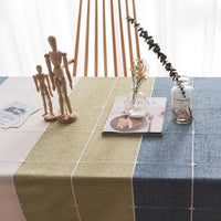 Blue / Green Grid Pattern Cotton Linen Tablecloth w/ Tassels