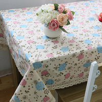 Blue / Pink Hyacinth Floral Pattern Tablecloth w/ Lace
