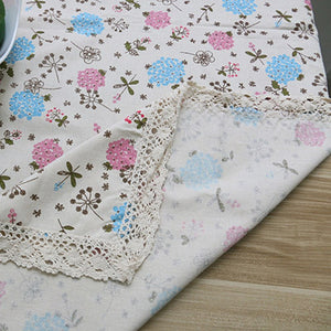 Blue / Pink Hyacinth Floral Pattern Tablecloth w/ Lace
