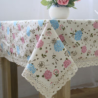 Blue / Pink Hyacinth Floral Pattern Tablecloth w/ Lace