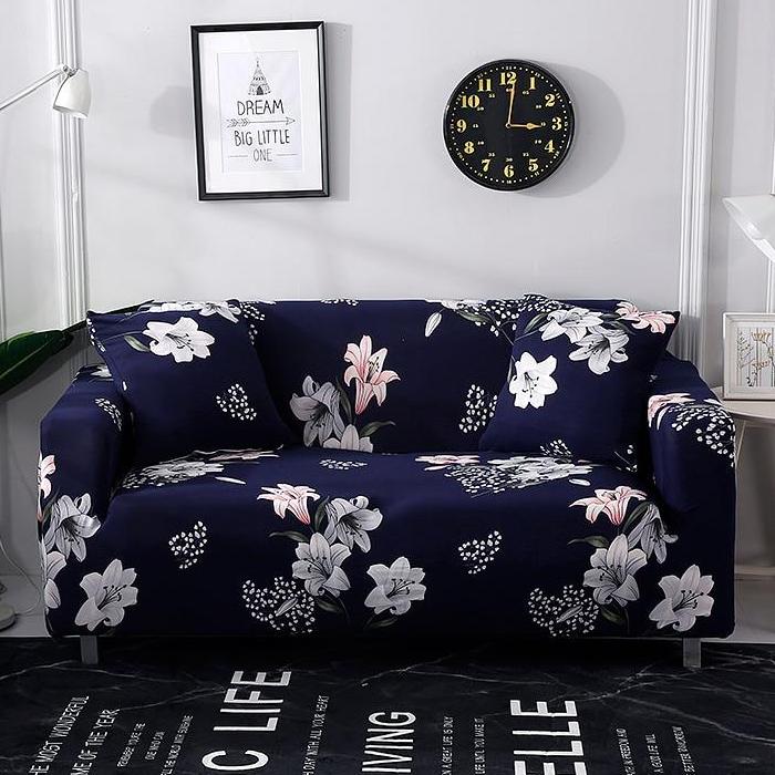 Blue & White Iris Floral Pattern Sofa Couch Cover