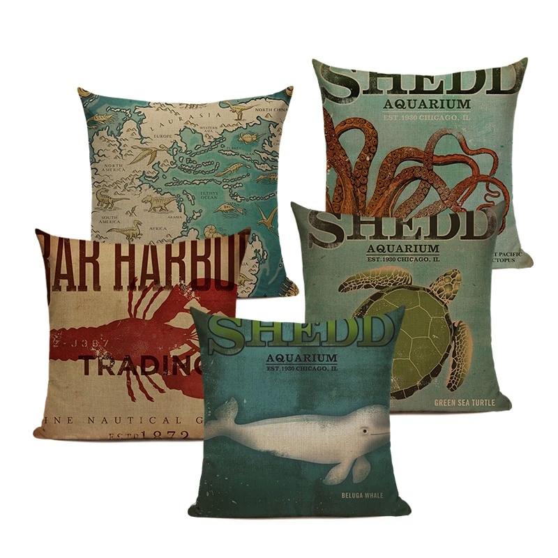18" Vintage Marine Sea Creature Print Throw Pillow Cover